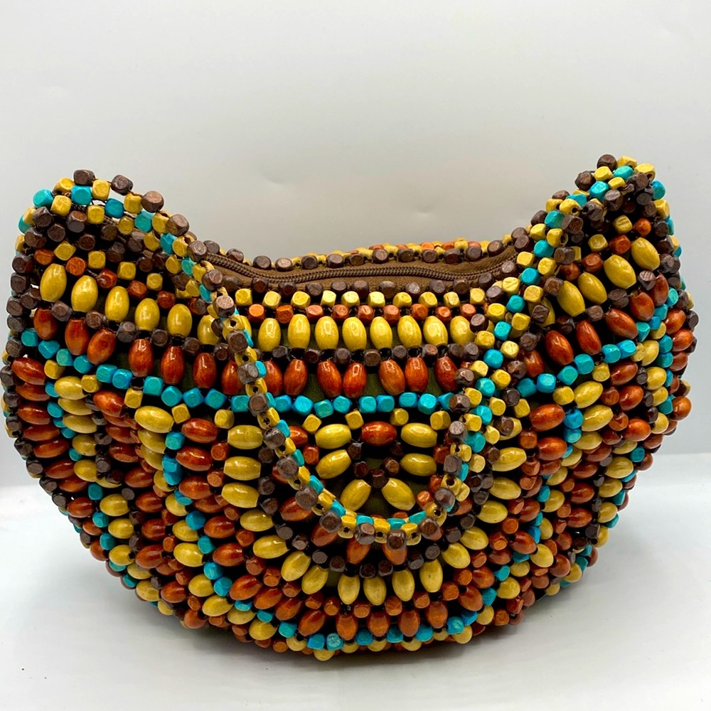 Wooden Beaded Purse Geometric Pattern Teal Tan Brown Chestnut Brown Beads